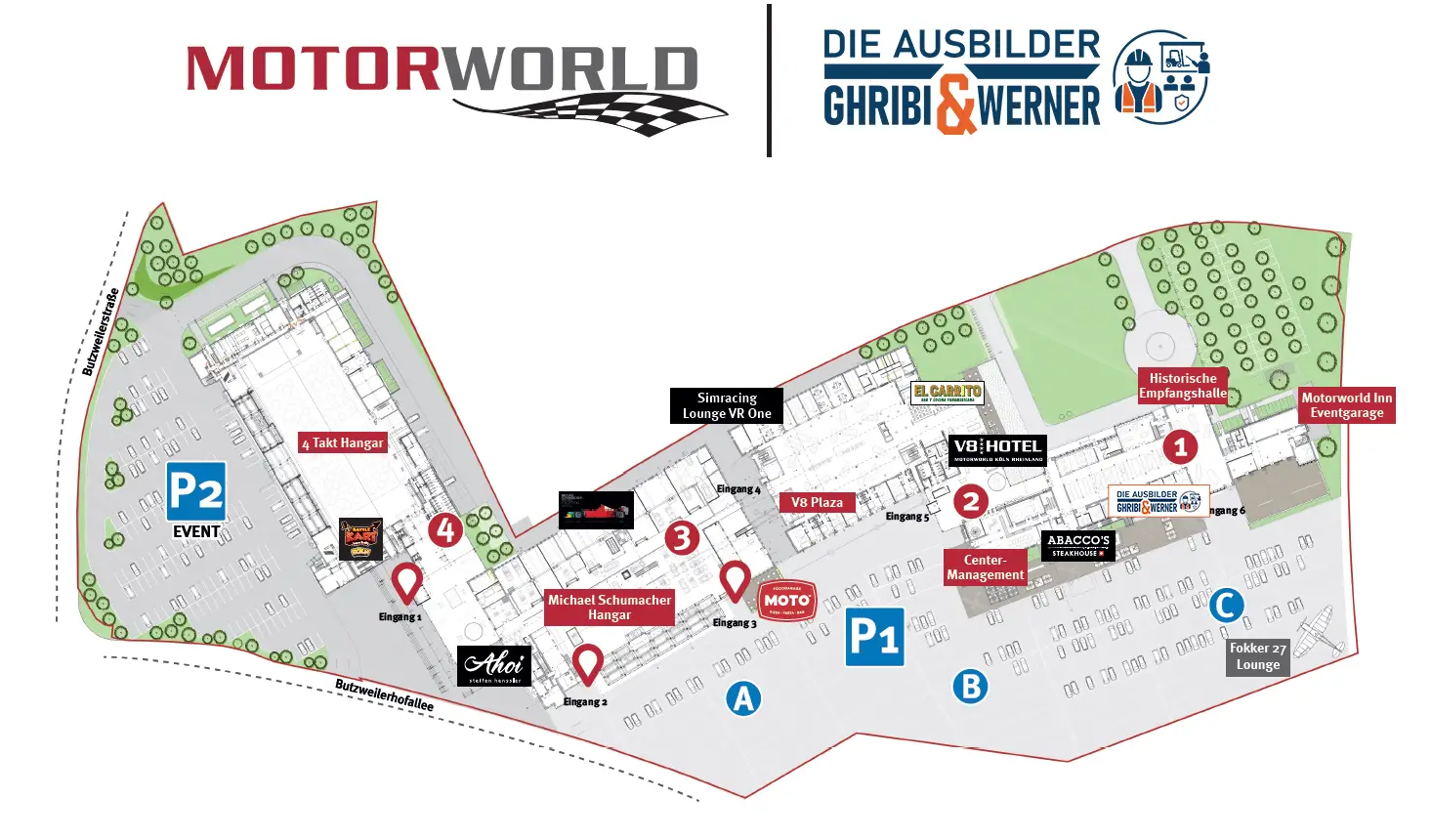 Geländeplan der Motorworld Köln Butzweilerhof. Das Logo der Ausbilder markiert den Standort im östlichen Teil des Geländes, direkt an Eingang 6.